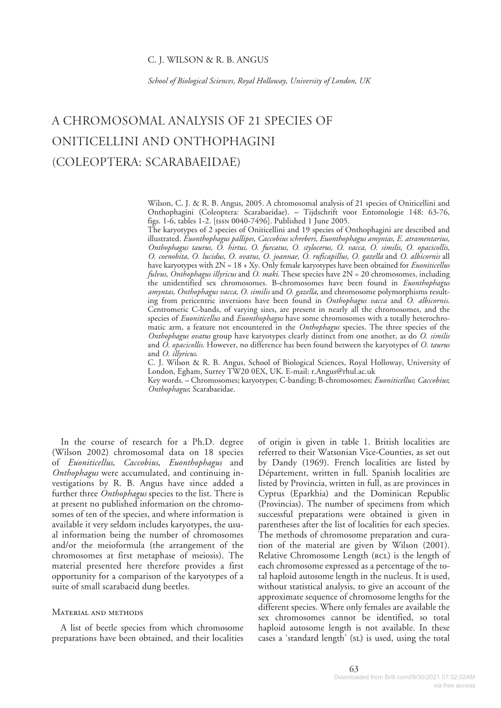 A Chromosomal Analysis of 21 Species of Oniticellini and Onthophagini (Coleoptera: Scarabaeidae)