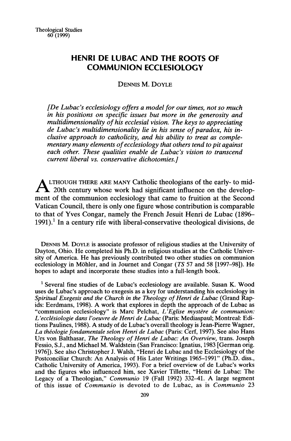 Henri De Lubac and the Roots of Communion Ecclesiology