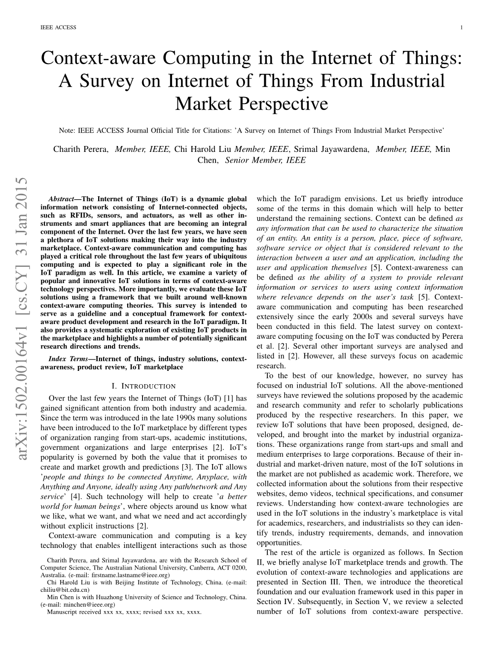 Context-Aware Computing in the Internet of Things: a Survey on Internet of Things from Industrial Market Perspective