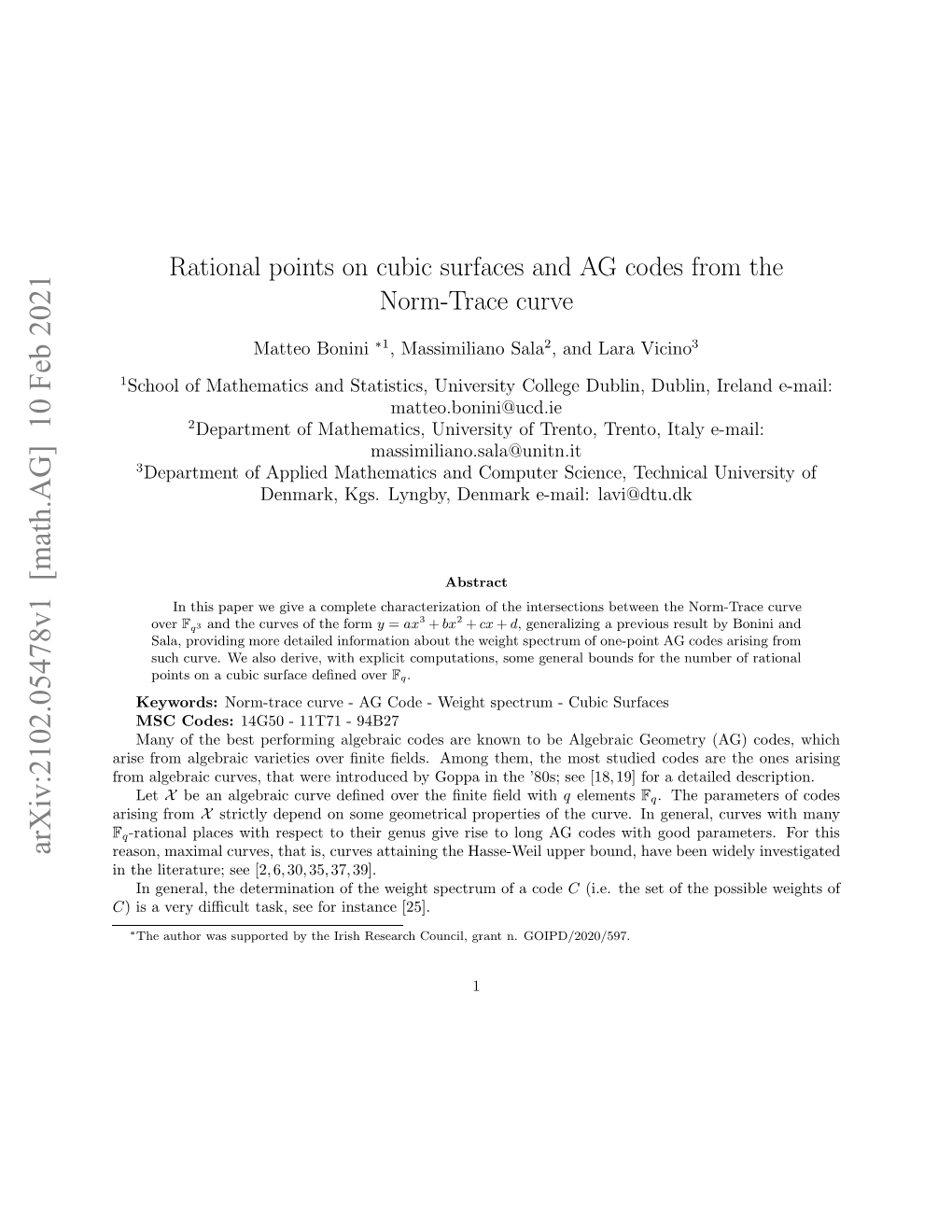 Rational Points on Cubic Surfaces and AG Codes from the Norm-Trace Curve