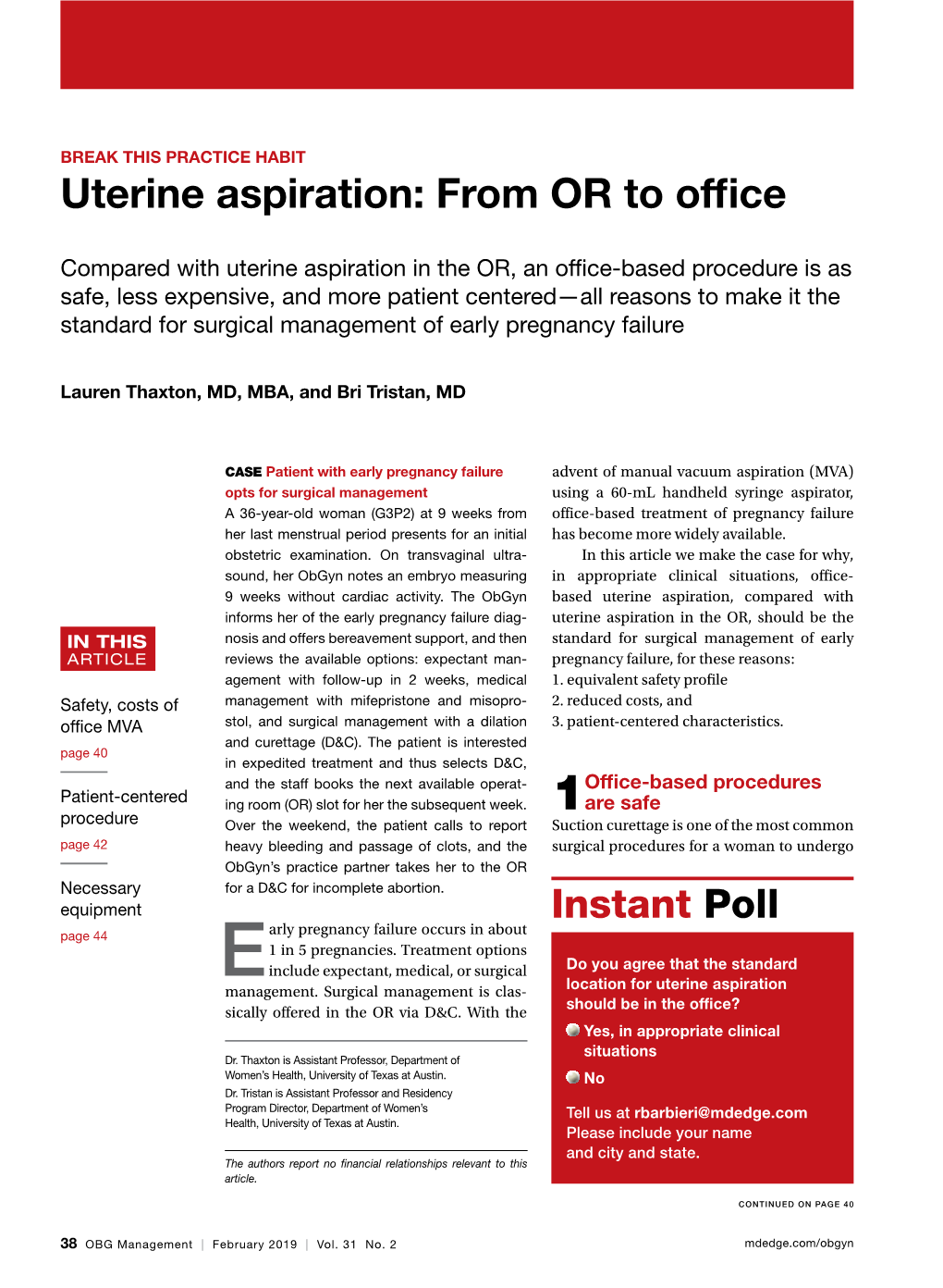 Uterine Aspiration: from OR to Office