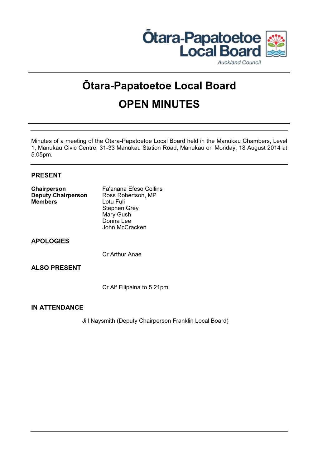 Ōtara-Papatoetoe Local Board OPEN MINUTES