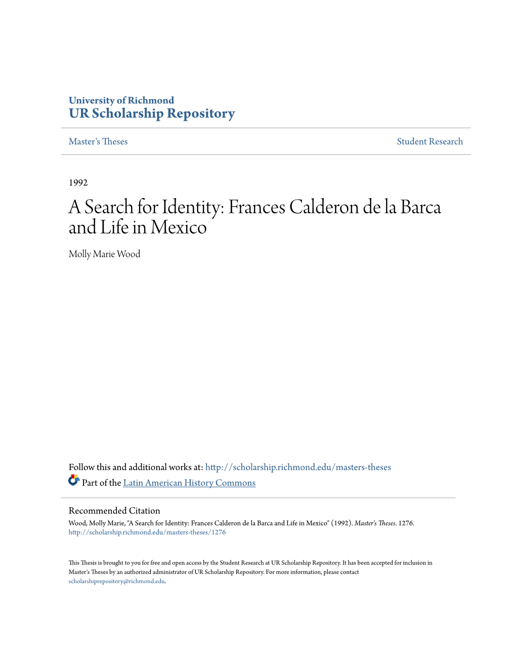 Frances Calderon De La Barca and Life in Mexico Molly Marie Wood