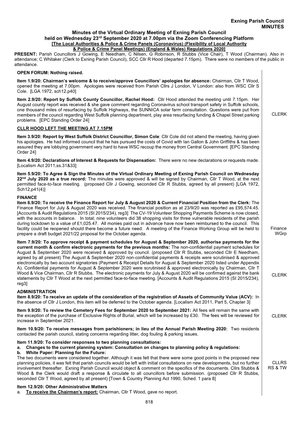 Exning Parish Council MINUTES Minutes of the Virtual Ordinary