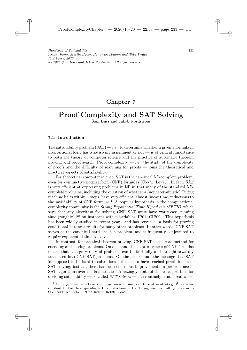 Proof Complexity and SAT Solving Sam Buss and Jakob Nordstr¨Om