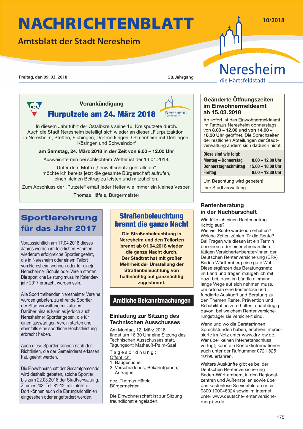 NACHRICHTENBLATT 10/2018 Amtsblatt Der Stadt Neresheim