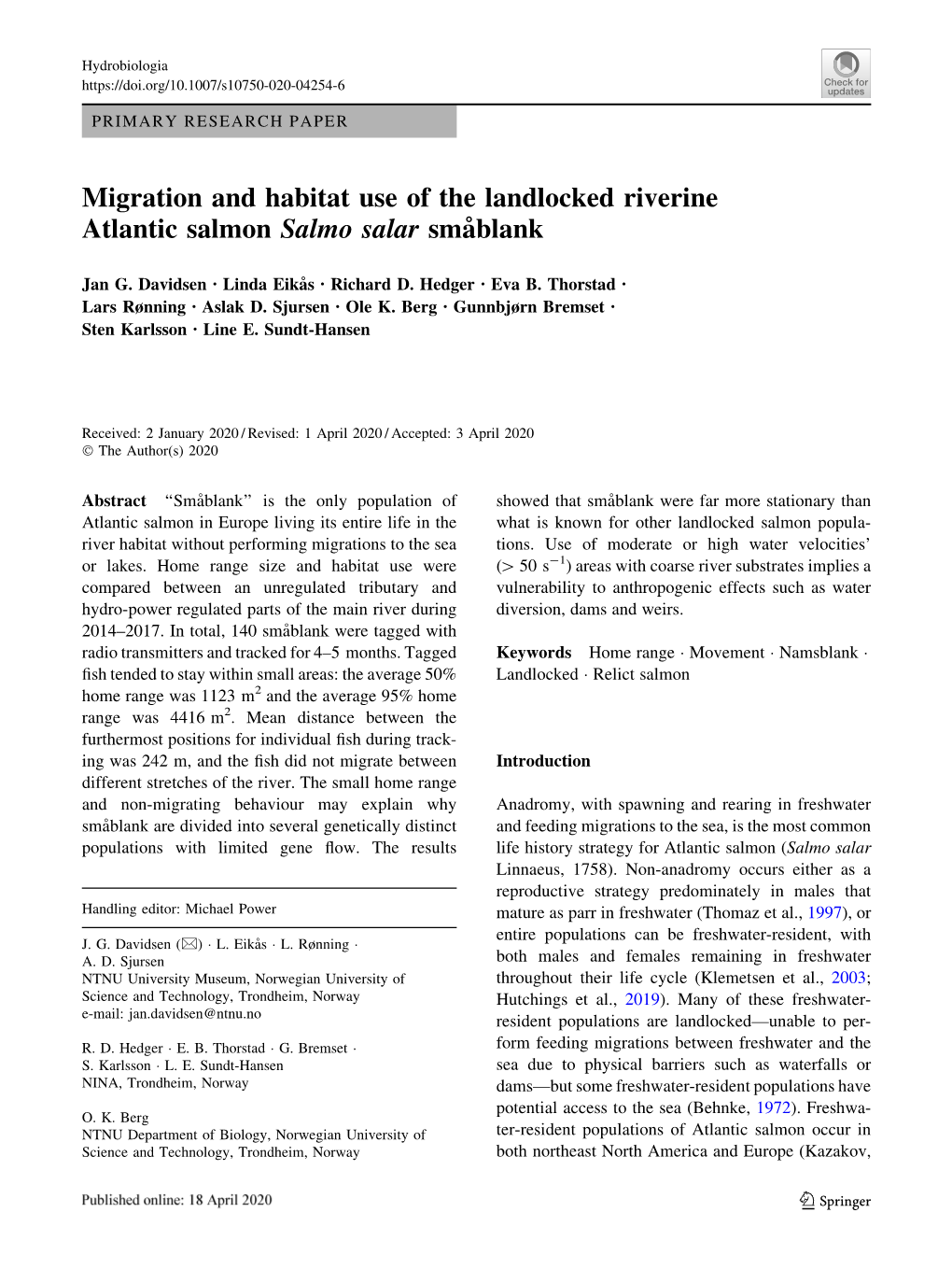 Migration and Habitat Use of the Landlocked Riverine Atlantic Salmon Salmo Salar Småblank