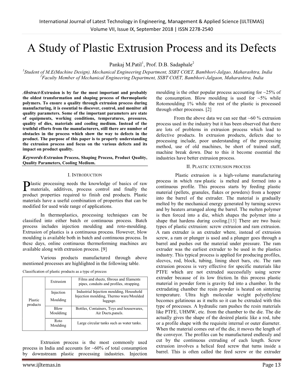 A Study of Plastic Extrusion Process and Its Defects