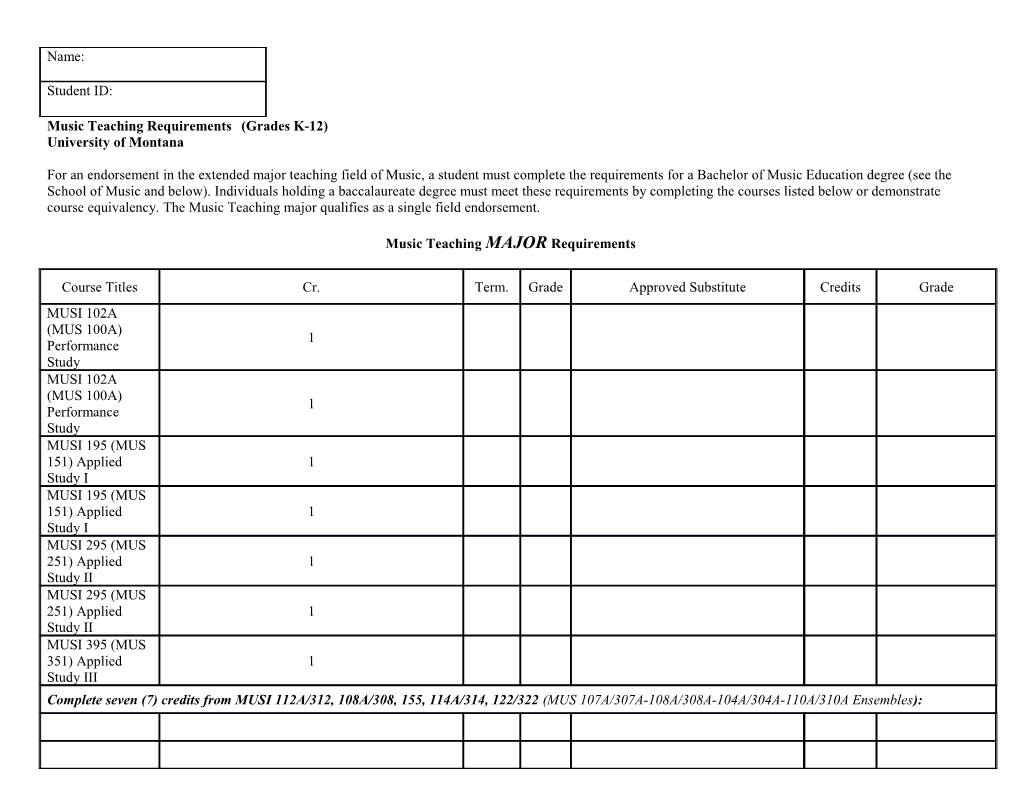 Music Teaching Requirements (Grades K-12)