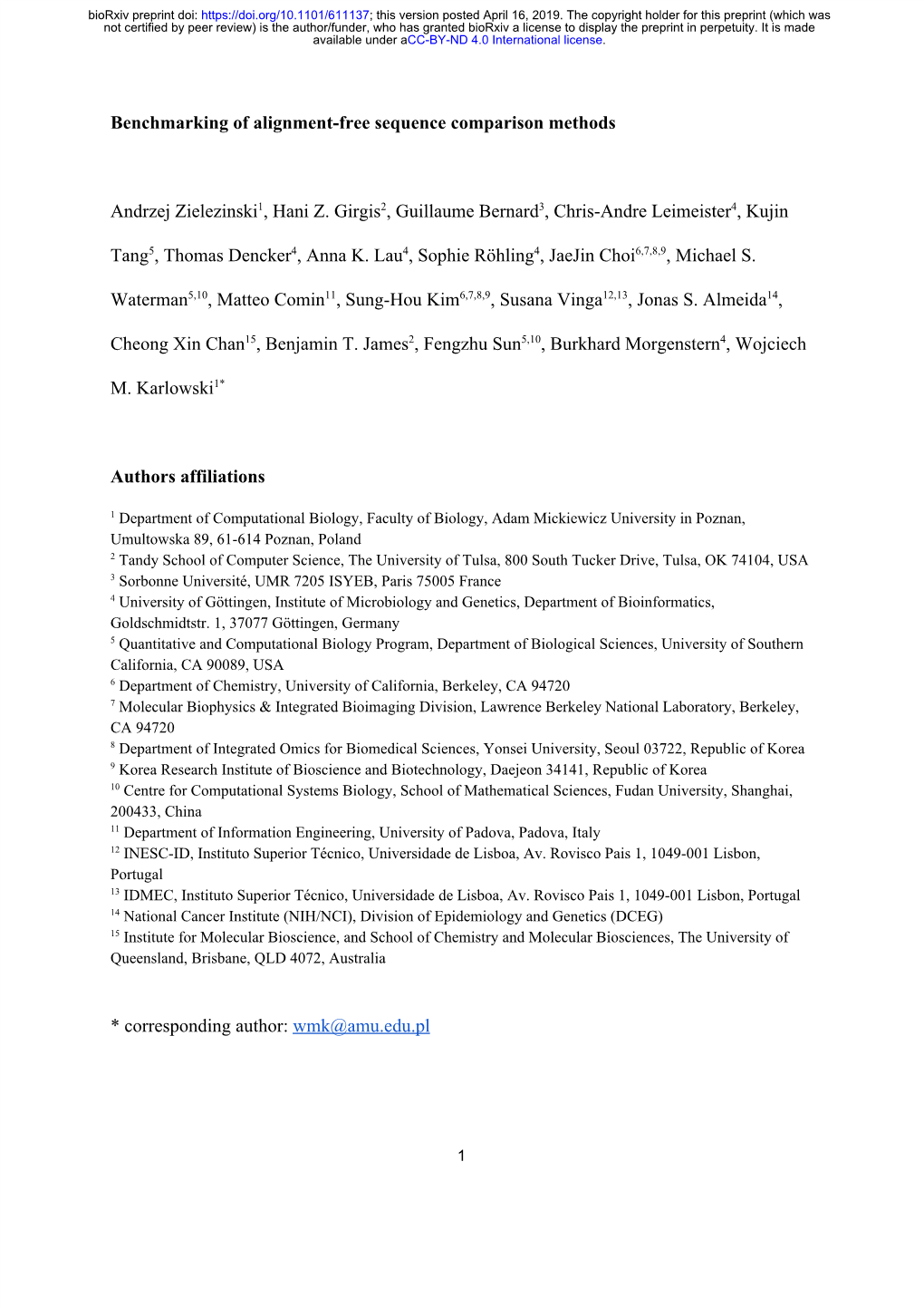 Benchmarking of Alignment-Free Sequence Comparison Methods