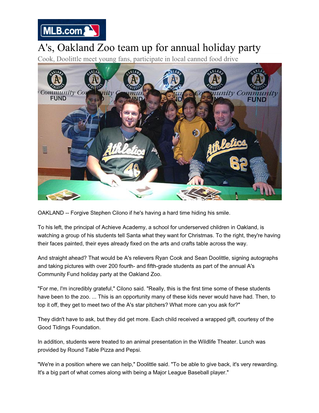 A's, Oakland Zoo Team up for Annual Holiday Party Cook, Doolittle Meet Young Fans, Participate in Local Canned Food Drive