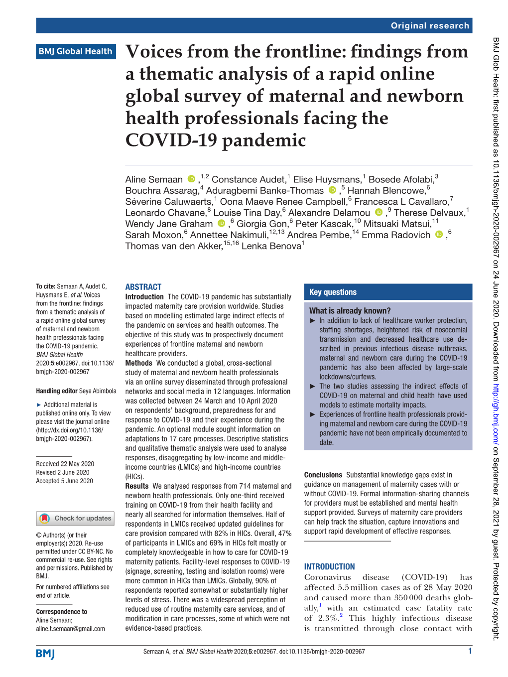 Voices from the Frontline: Findings from a Thematic Analysis of a Rapid Online Global Survey of Maternal and Newborn Health Professionals Facing the COVID-19 Pandemic
