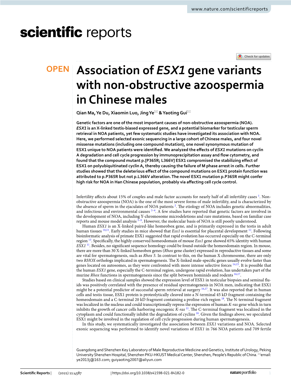 Association of ESX1 Gene Variants with Non-Obstructive Azoospermia