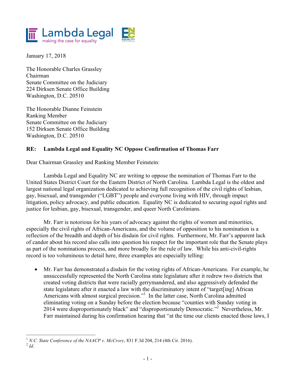 Lambda Legal and Equality NC Oppose Confirmation of Thomas Farr