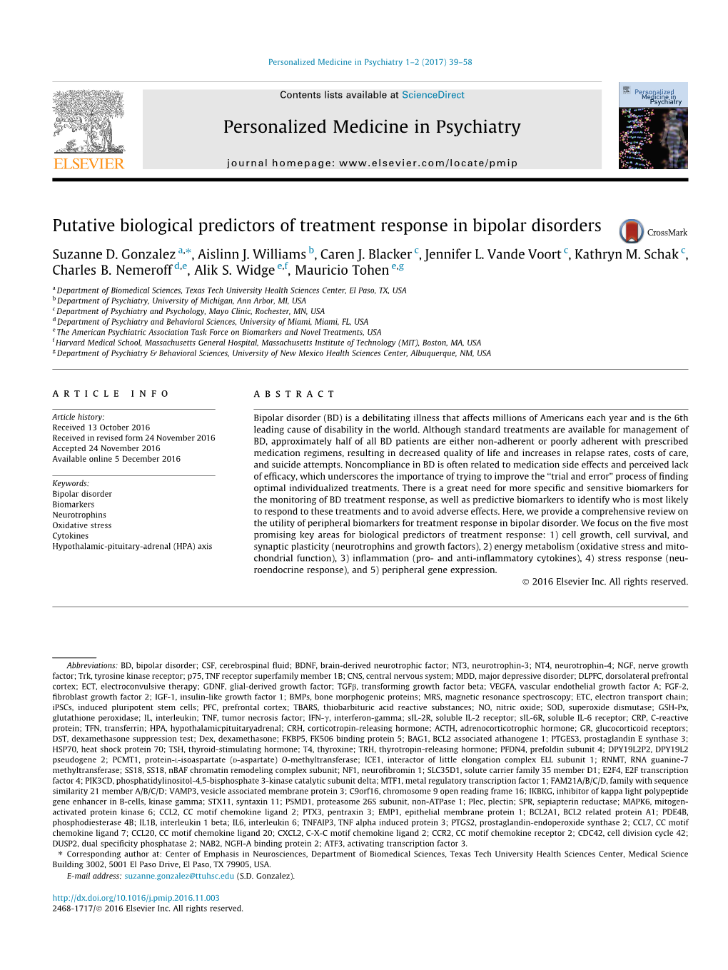 Putative Biological Predictors of Treatment Response in Bipolar Disorders ⇑ Suzanne D