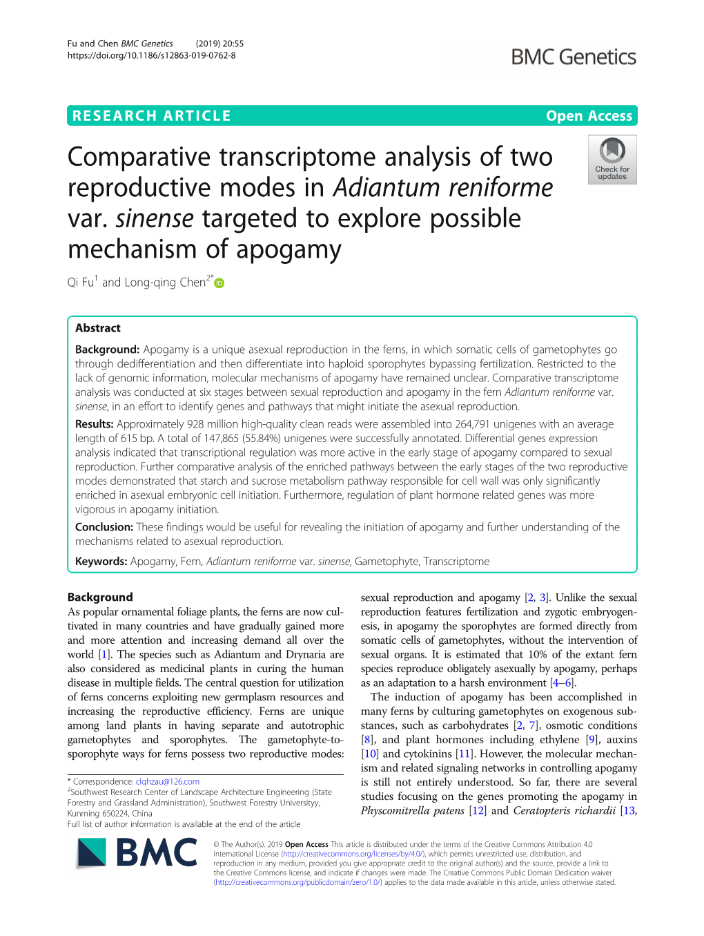 Comparative Transcriptome Analysis of Two Reproductive Modes in Adiantum Reniforme Var. Sinense Targeted to Explore Possible