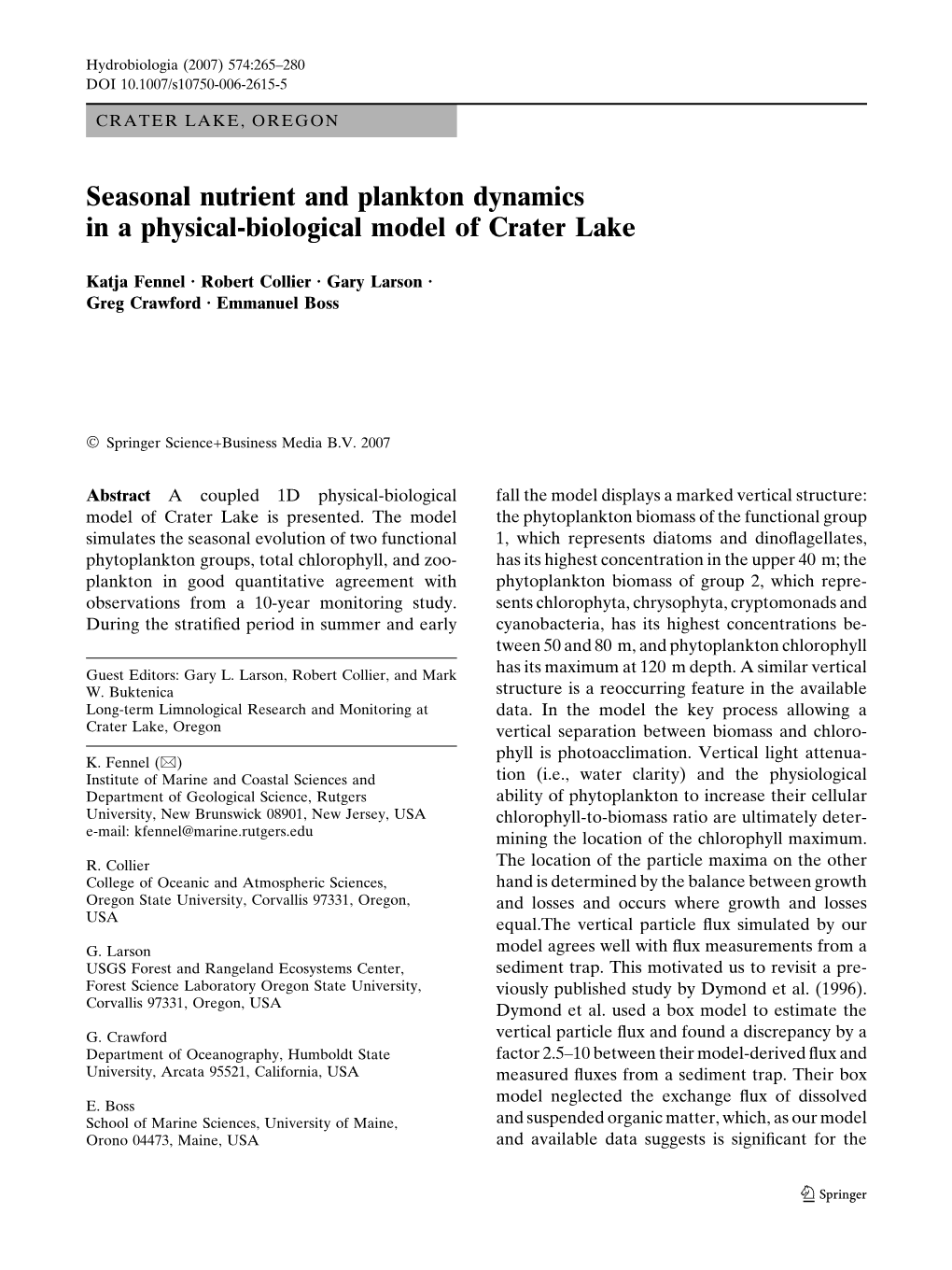 Seasonal Nutrient and Plankton Dynamics in a Physical-Biological Model of Crater Lake