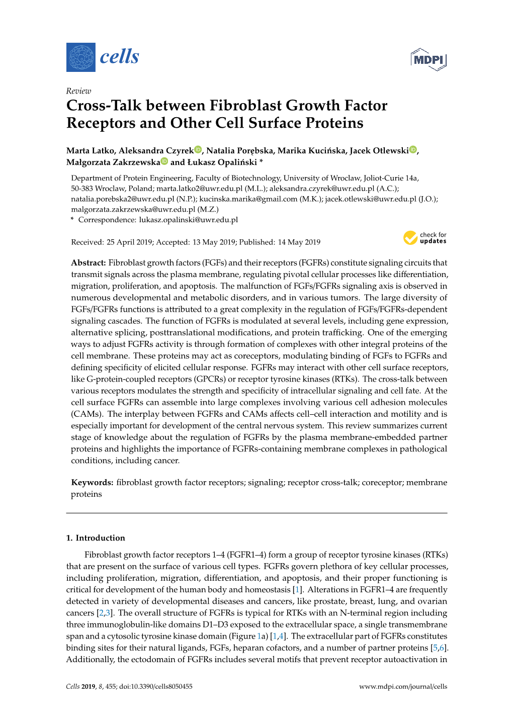 Cross-Talk Between Fibroblast Growth Factor Receptors and Other Cell Surface Proteins