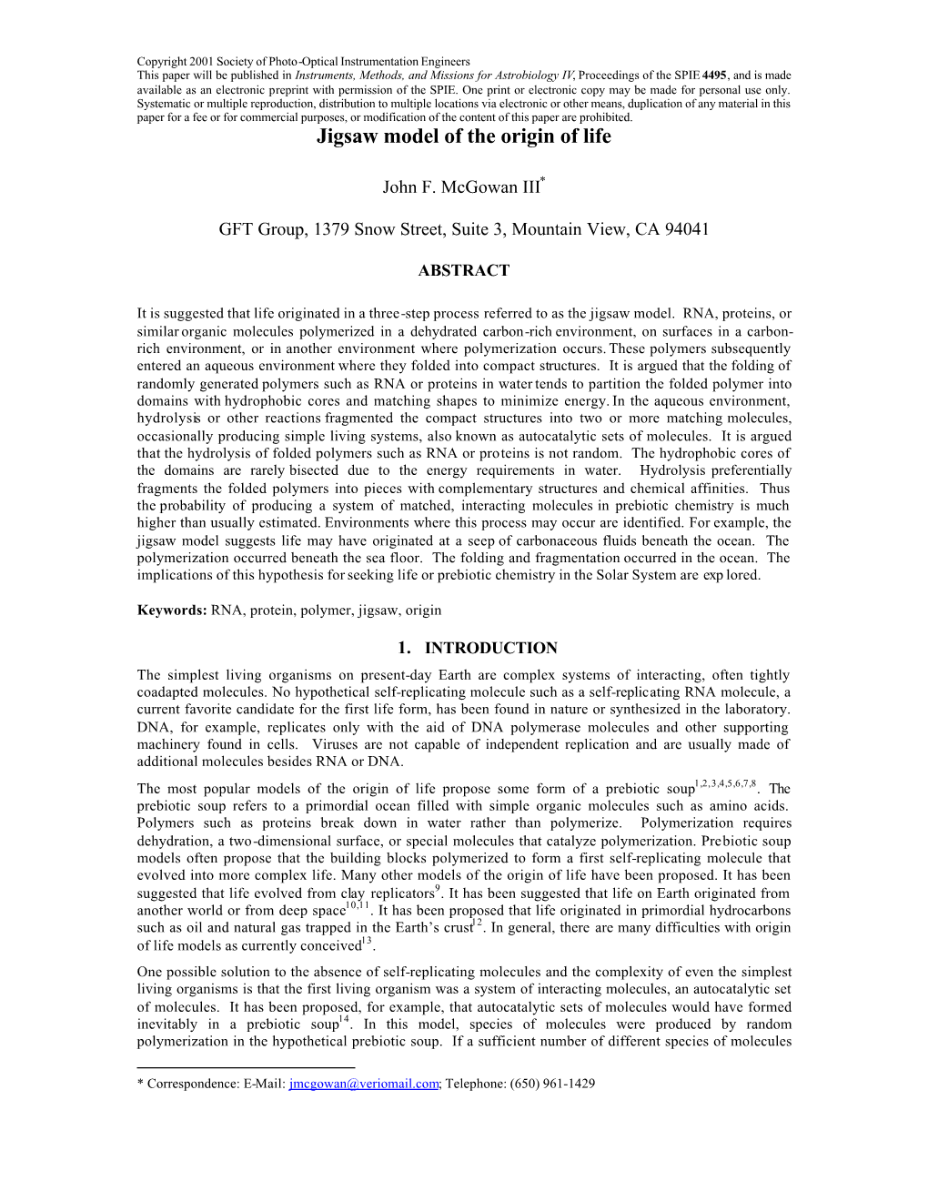 Jigsaw Model of the Origin of Life