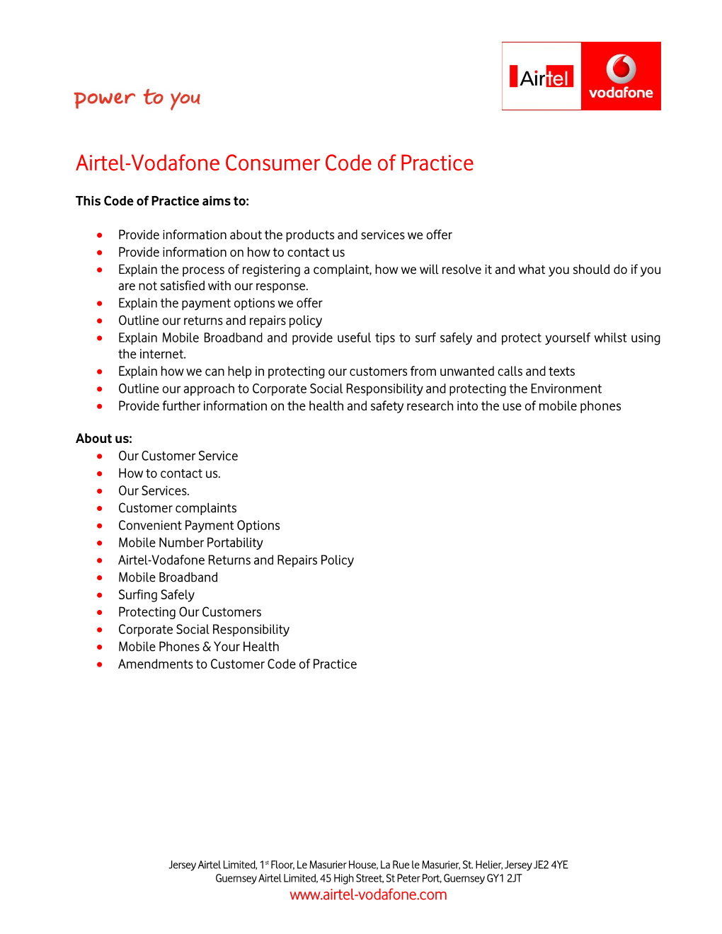 Airtel-Vodafone Consumer Code of Practice