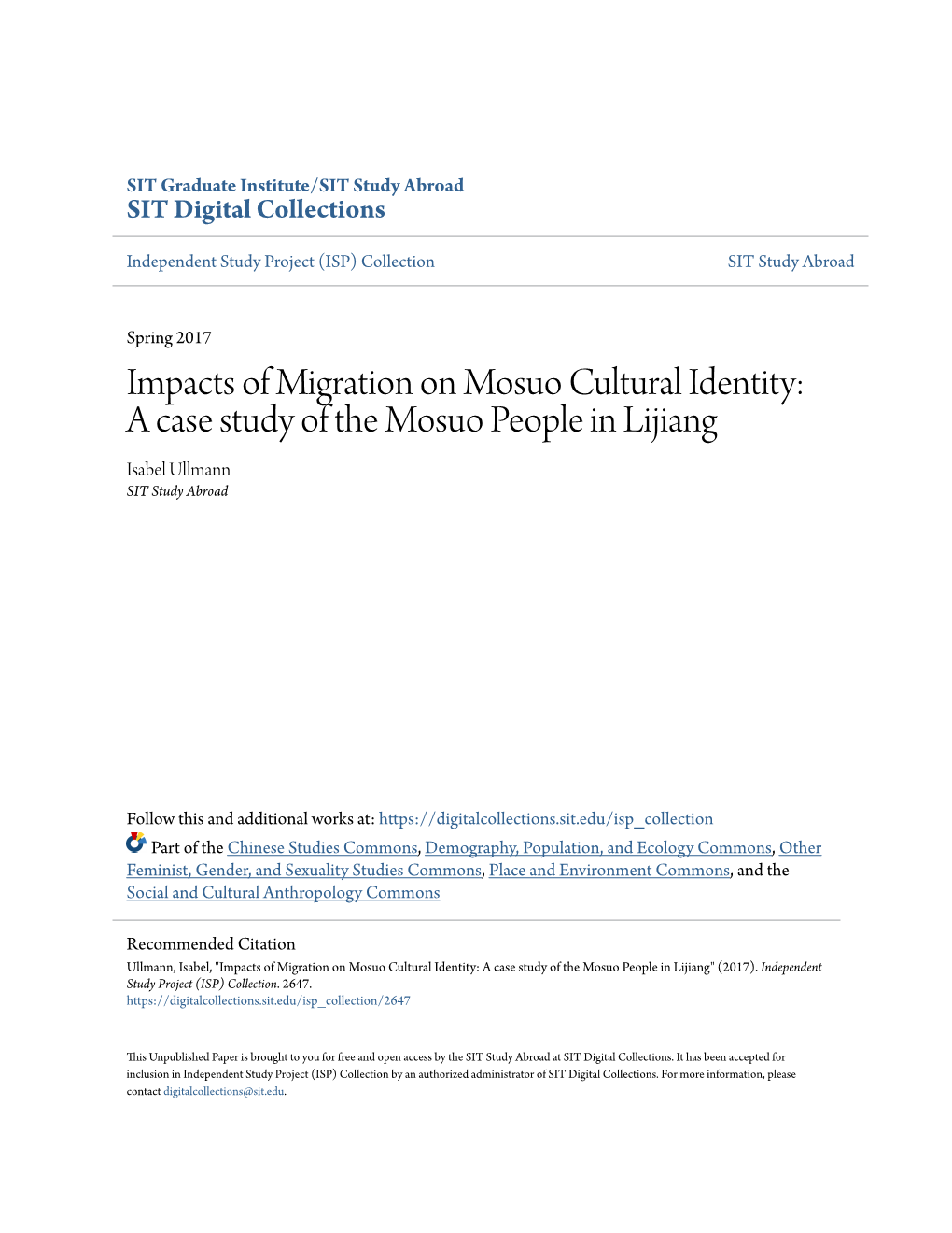 A Case Study of the Mosuo People in Lijiang Isabel Ullmann SIT Study Abroad