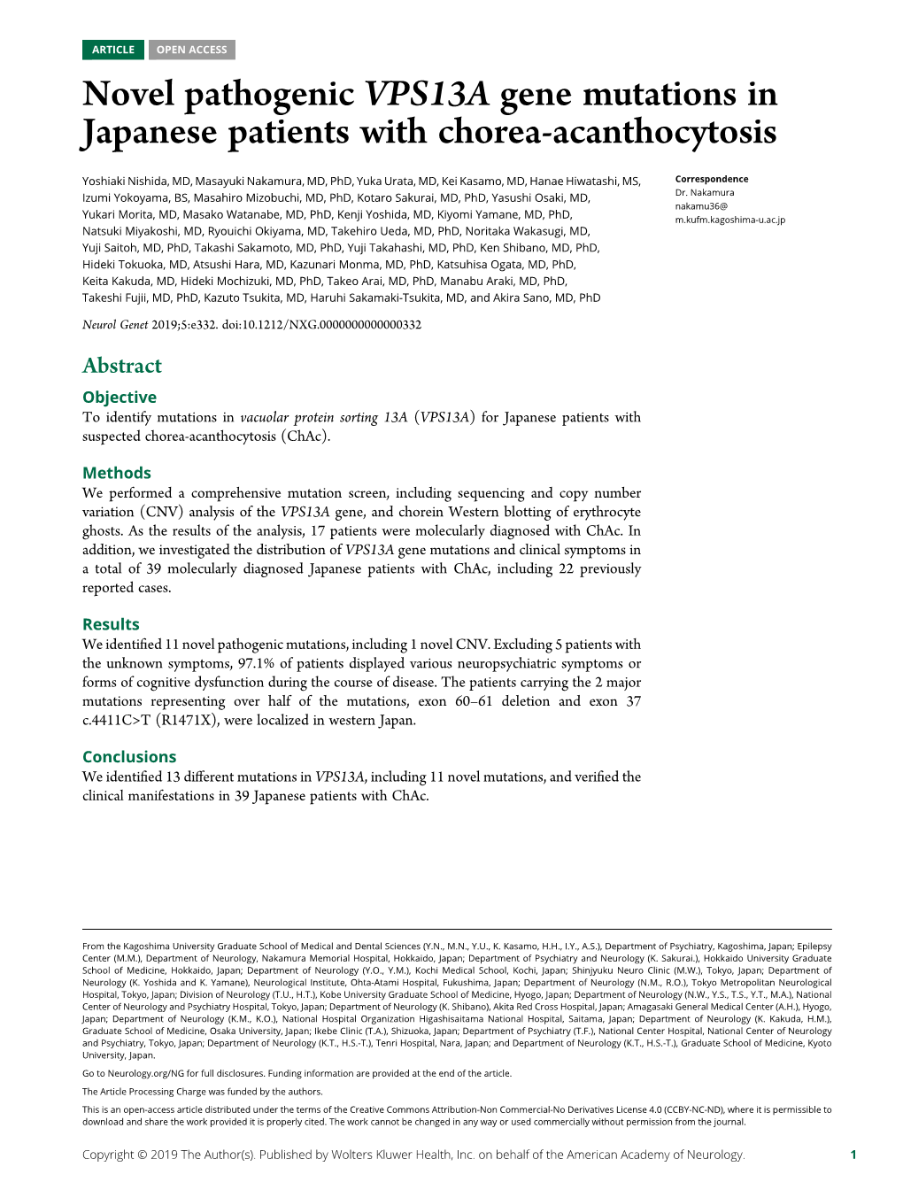 Novel Pathogenic VPS13A Gene Mutations in Japanese Patients with Chorea-Acanthocytosis