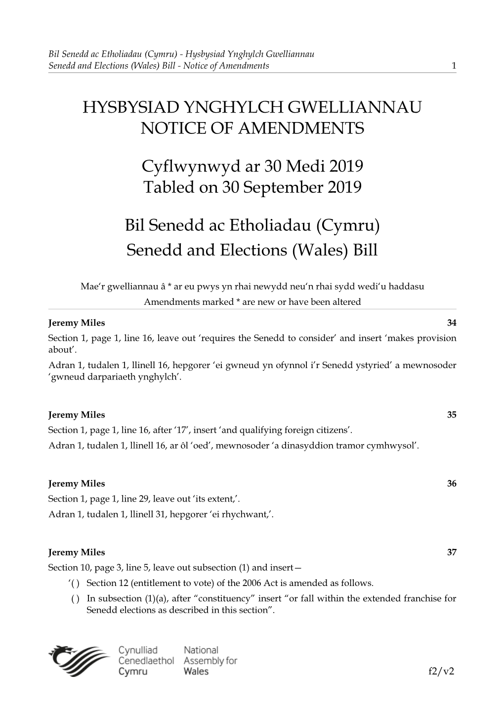 Hysbysiad Ynghylch Gwelliannau Notice of Amendments