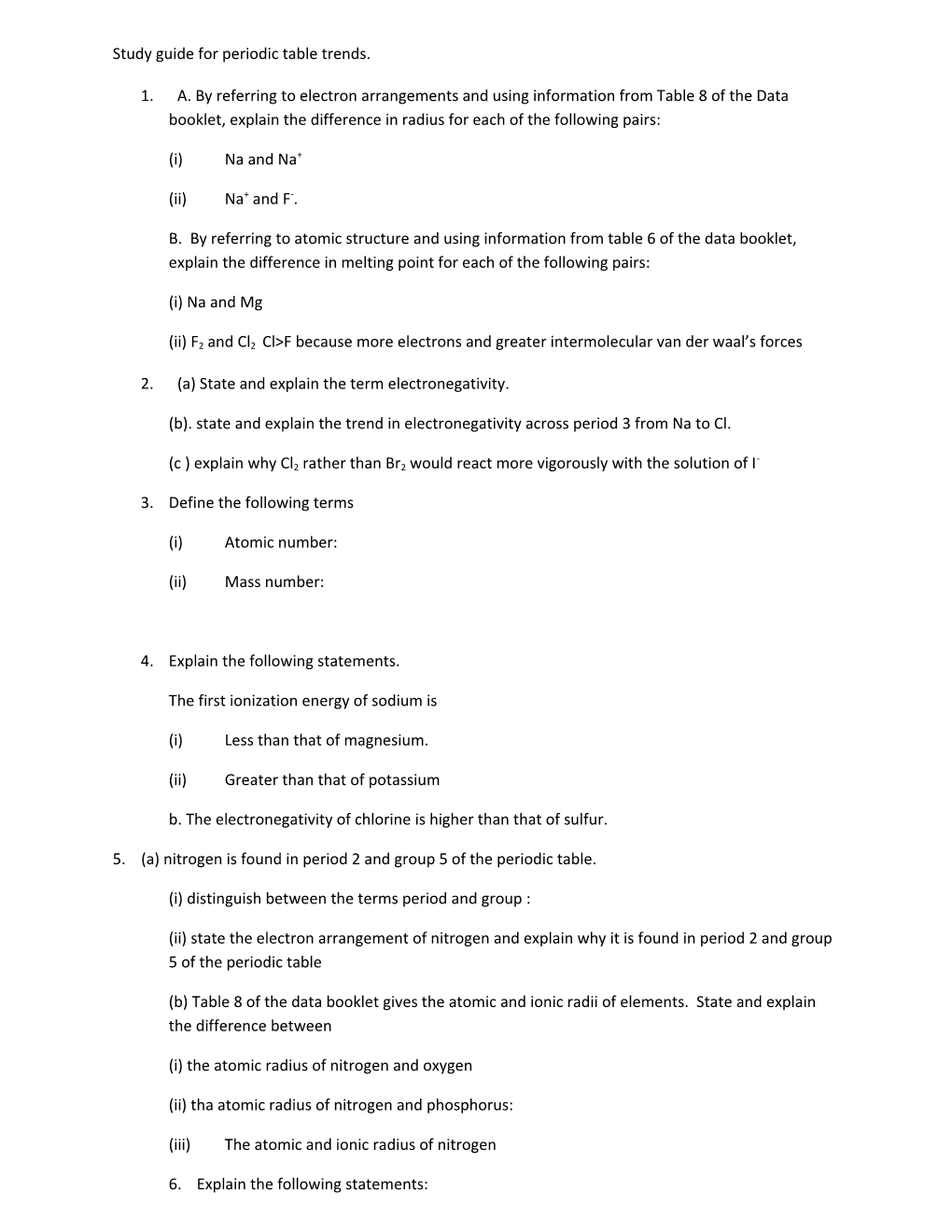 Study Guide for Periodic Table Trends