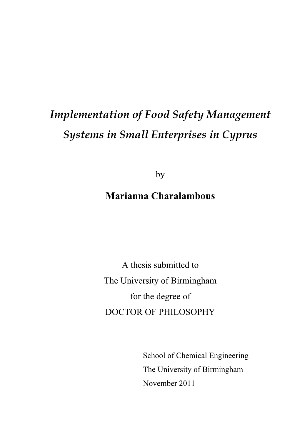 Implementation of Food Safety Management Systems in Small Enterprises in Cyprus