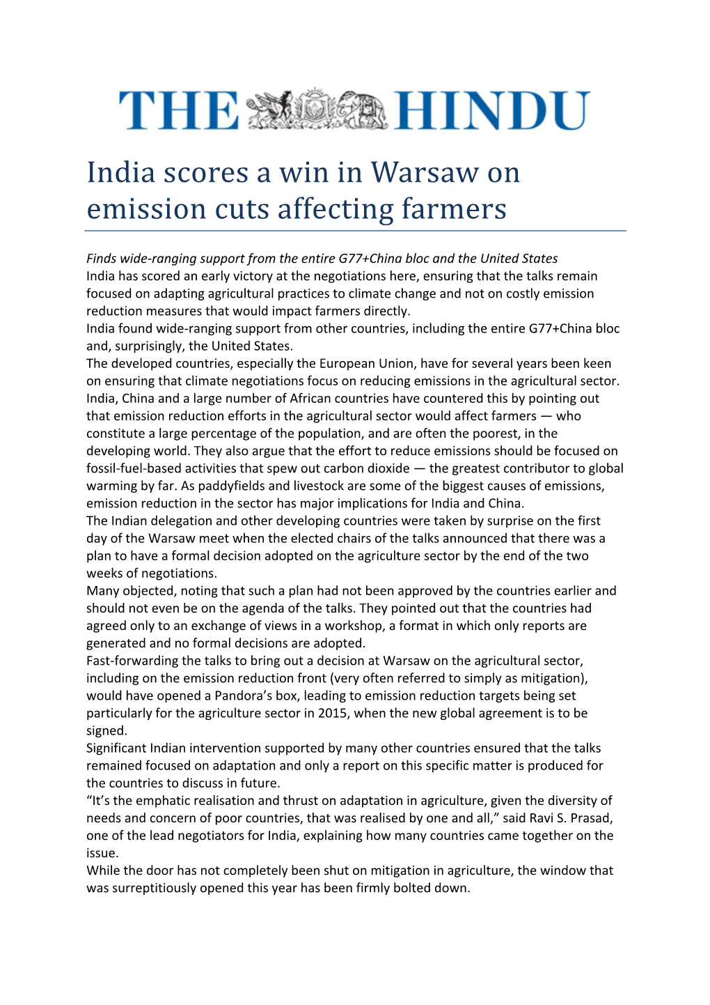 India Scores a Win in Warsaw on Emission Cuts Affecting Farmers