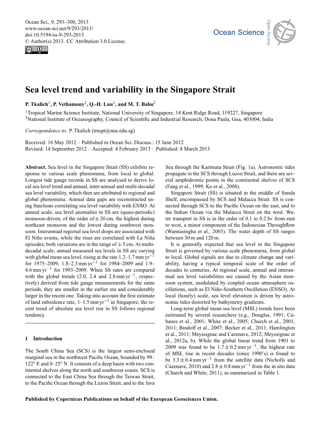 Sea Level Trend and Variability in the Singapore Strait Open Access Open Access