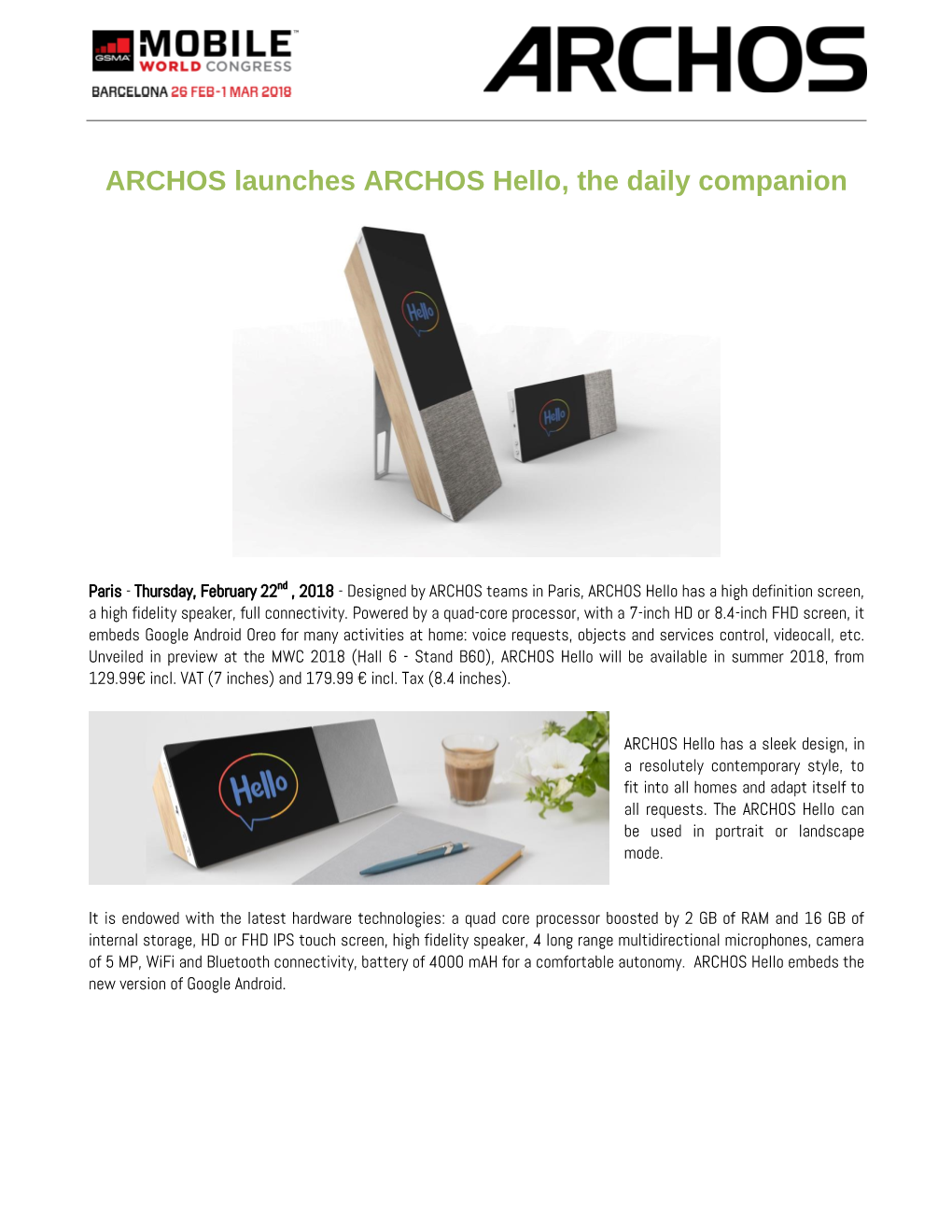 ARCHOS Launches ARCHOS Hello, the Daily Companion