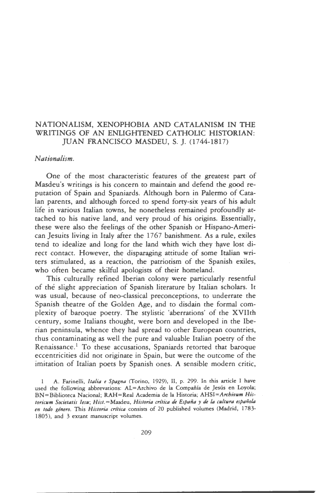 Nationalism, Xenophobia and Catalanism in the Writings of an Enlightened Catholic Historian: ]Van Francisco Masdeu, S. ]. (1744