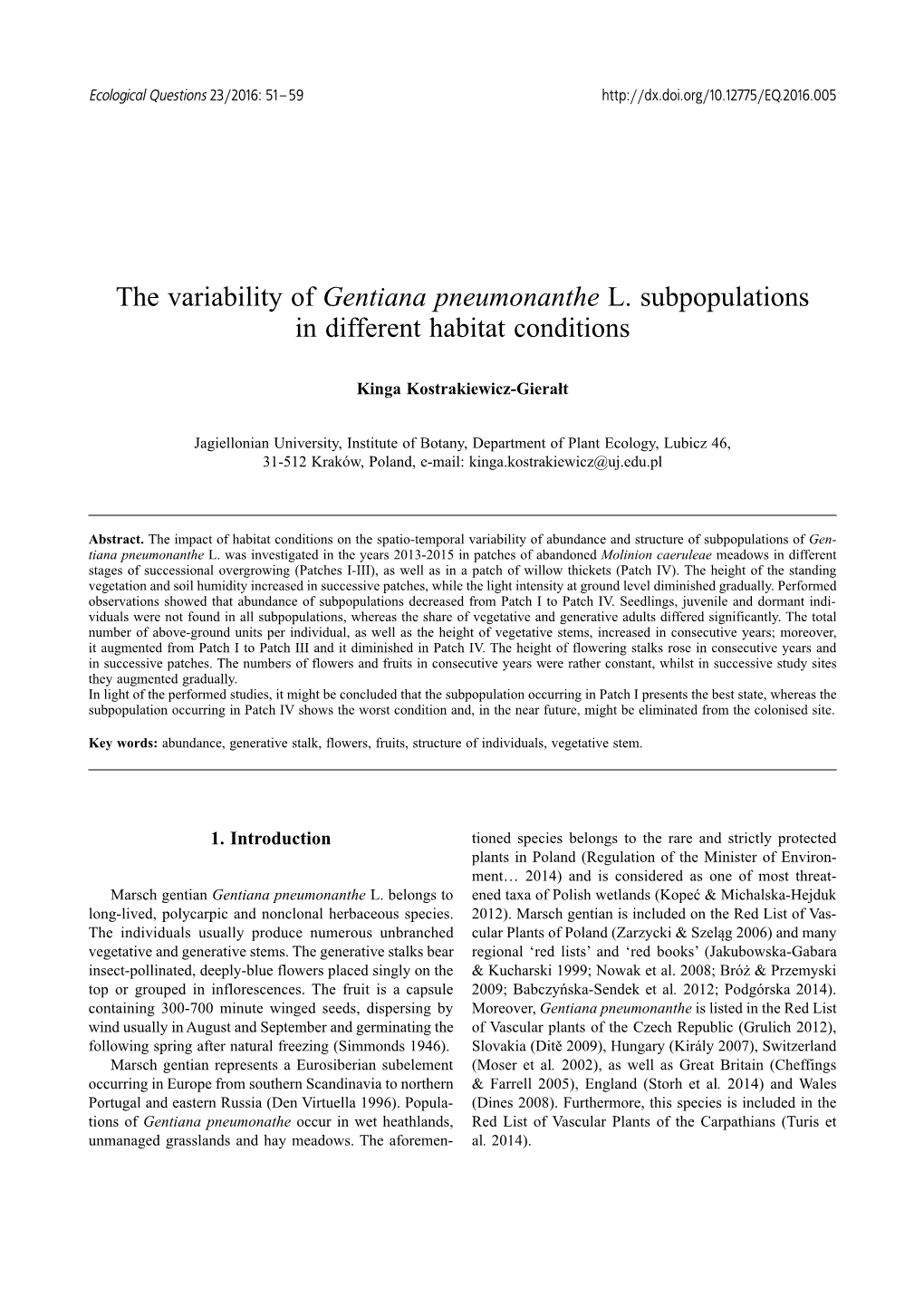 The Variability of Gentiana Pneumonanthe L. Subpopulations in Different Habitat Conditions