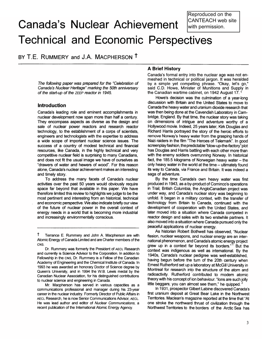 Canada's Nuclear Achievement Technical and Economic Perspectives