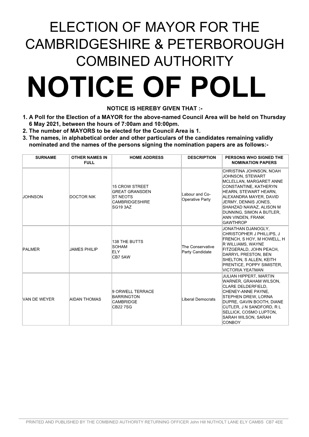 Notice of Poll Notice Is Hereby Given That :- 1