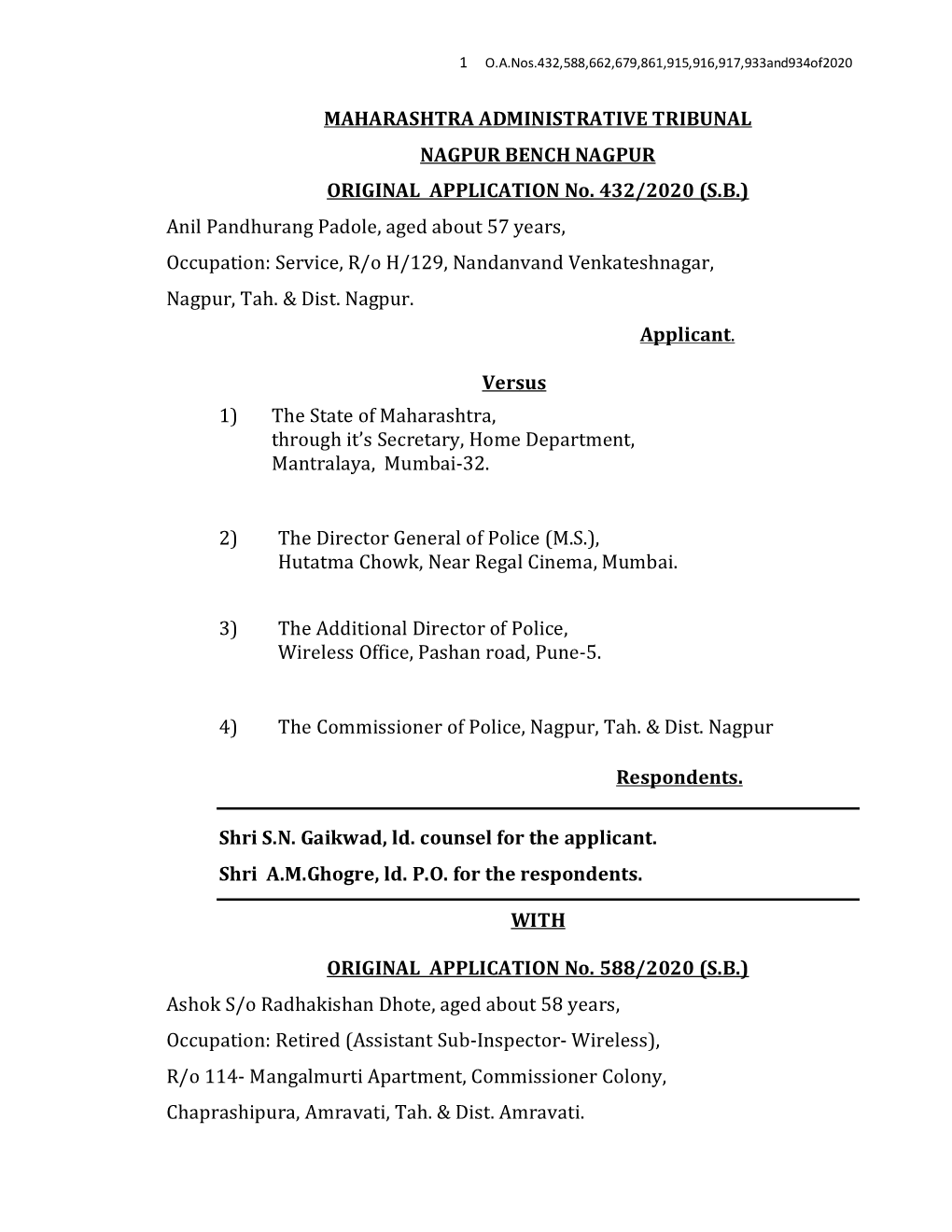 MAHARASHTRA ADMINISTRATIVE TRIBUNAL NAGPUR BENCH NAGPUR ORIGINAL APPLICATION No