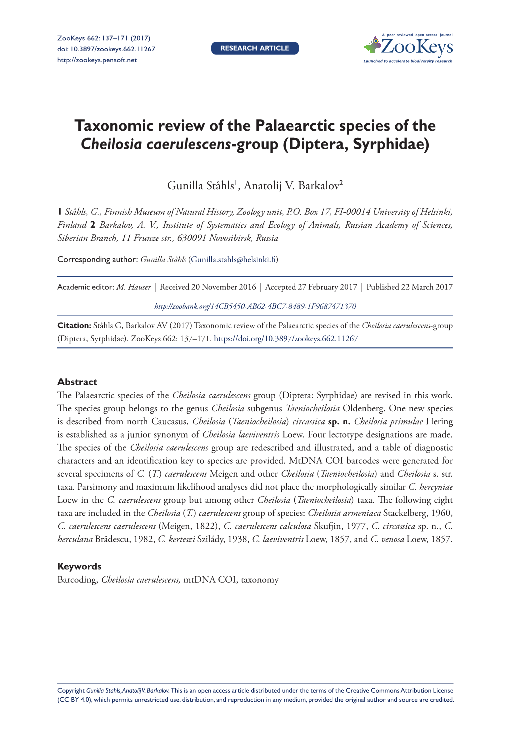 ﻿Taxonomic Review of the Palaearctic Species of the Cheilosia