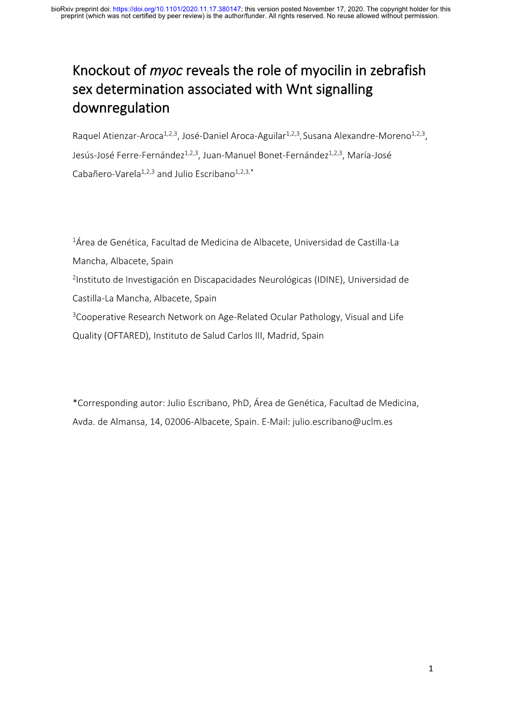 Knockout of Myoc Reveals the Role of Myocilin in Zebrafish Sex Determination Associated with Wnt Signalling Downregulation