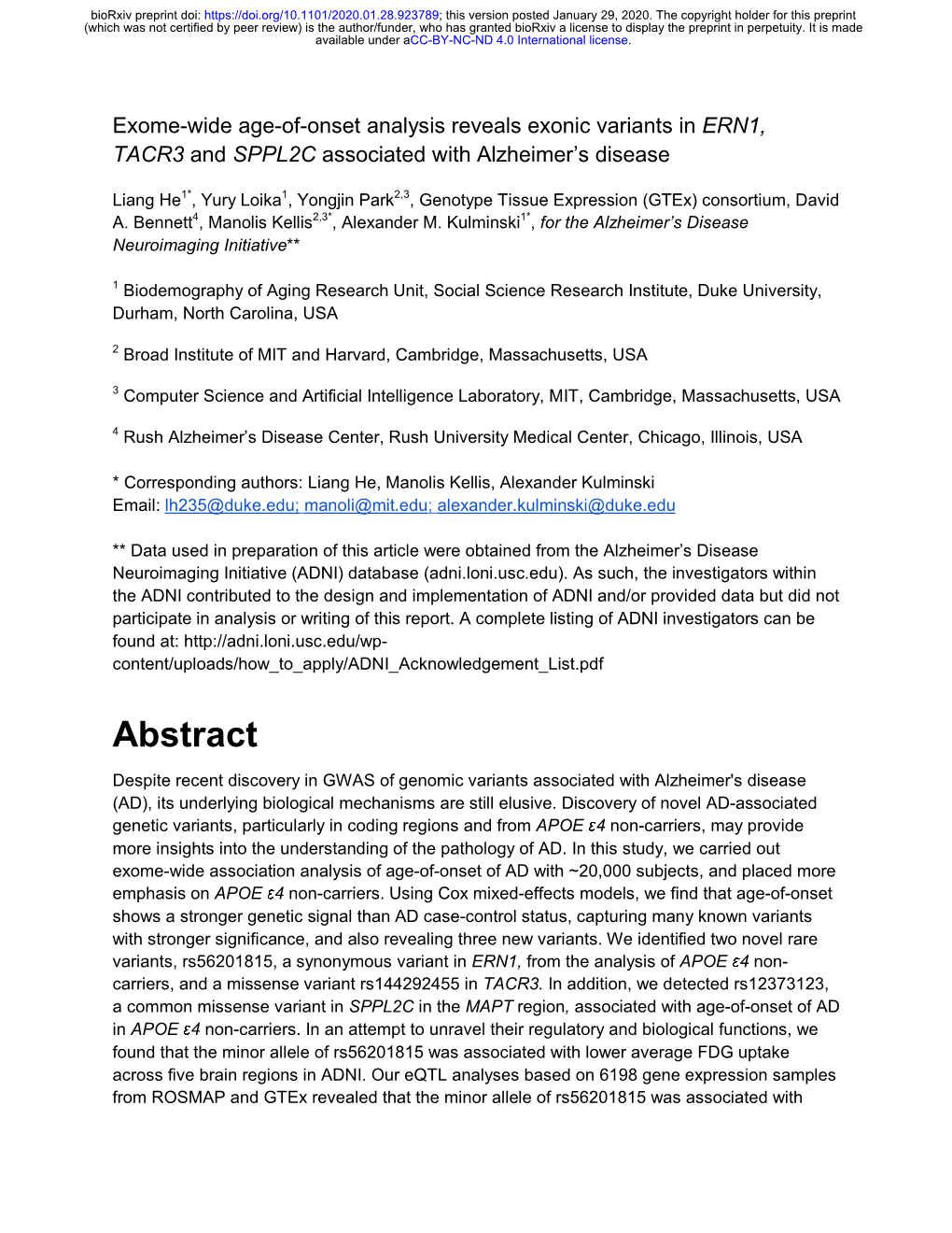 Exome-Wide Age-Of-Onset Analysis Reveals Exonic Variants in ERN1, TACR3 and SPPL2C Associated with Alzheimer's Disease