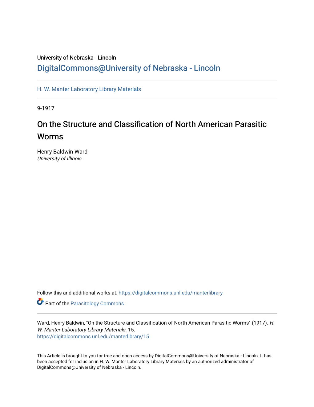 On the Structure and Classification of North American Parasitic Worms