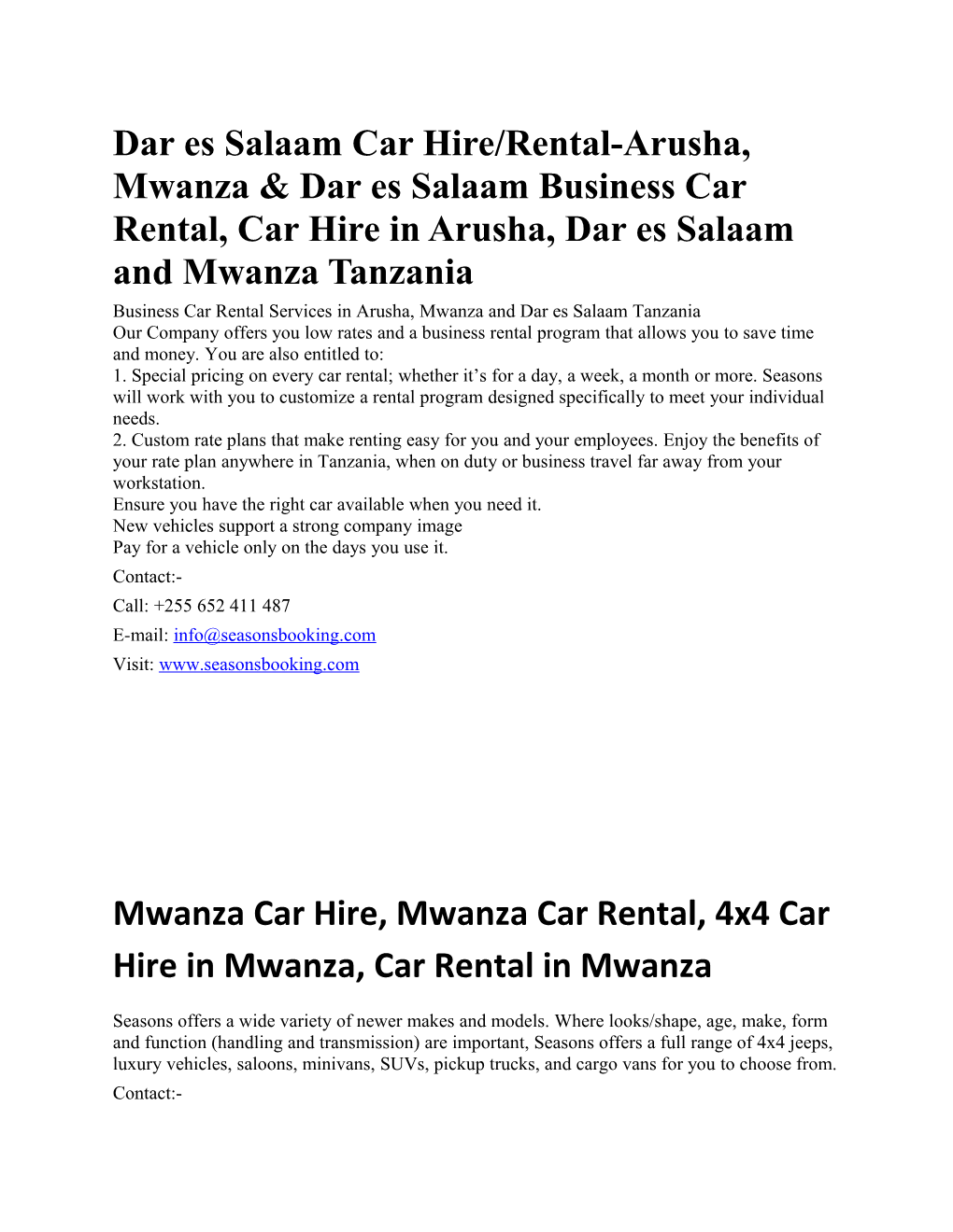 Dar Es Salaam Car Hire/Rental-Arusha, Mwanza & Dar Es Salaam Business Car Rental, Car