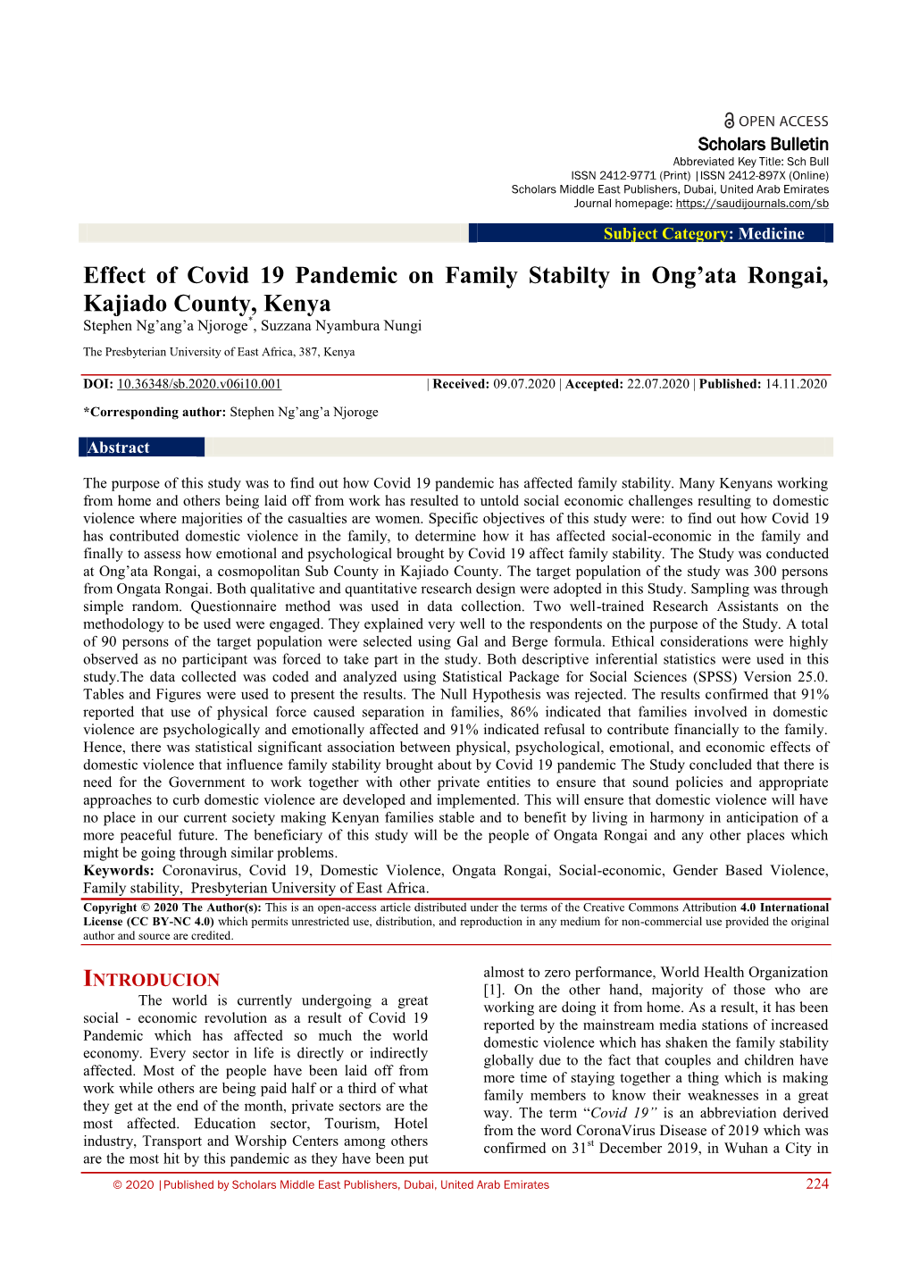 Effect of Covid 19 Pandemic on Family Stabilty in Ong'ata Rongai, Kajiado