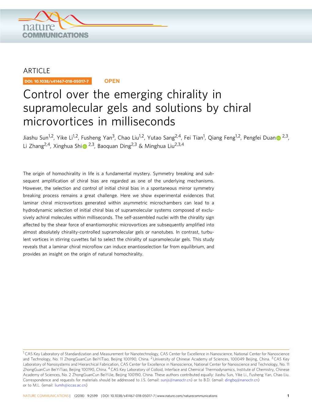 Control Over the Emerging Chirality in Supramolecular Gels and Solutions by Chiral Microvortices in Milliseconds