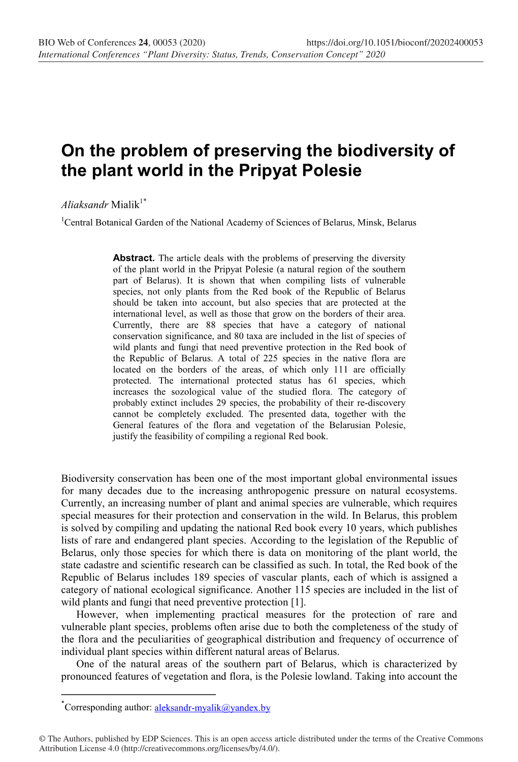 On the Problem of Preserving the Biodiversity of the Plant World in the Pripyat Polesie