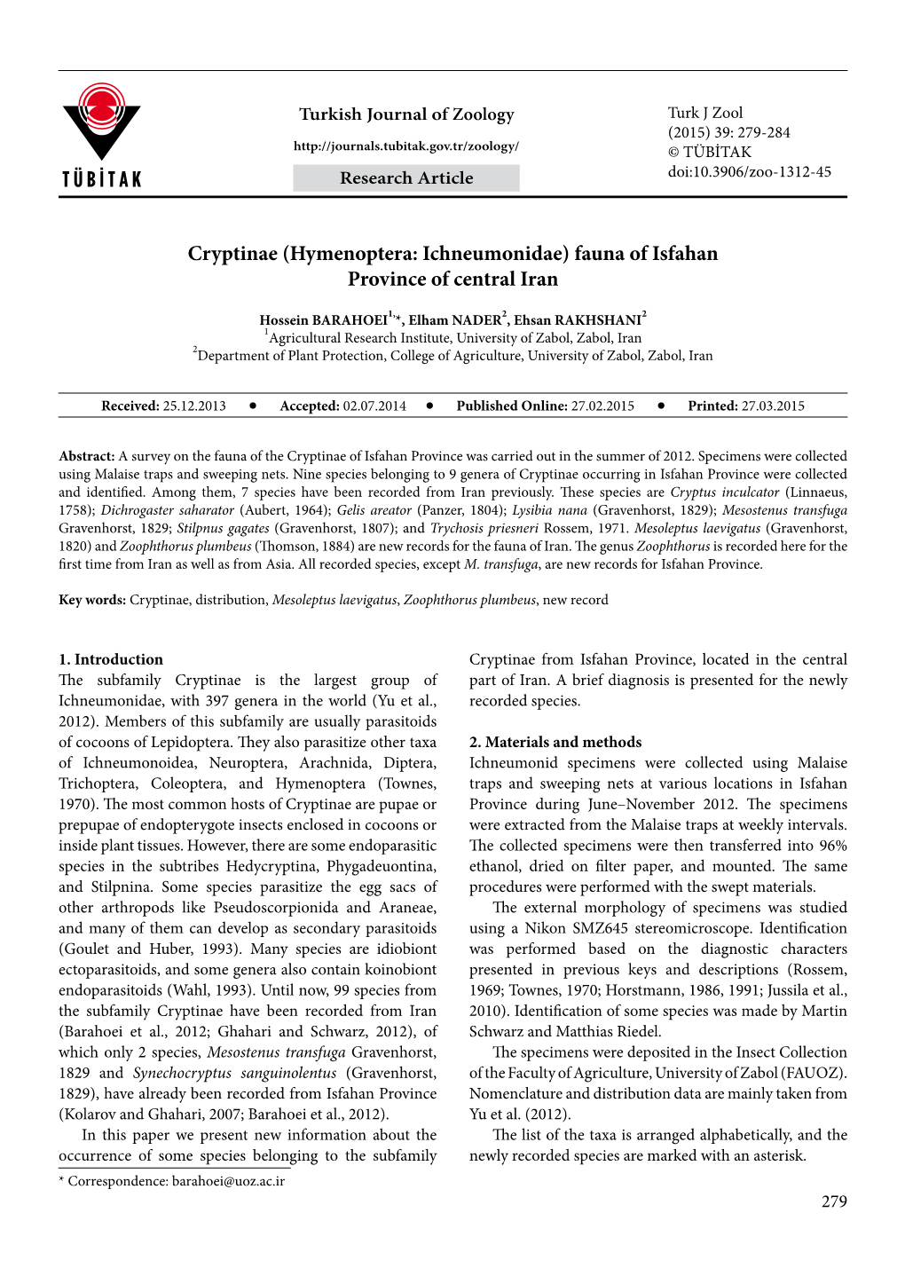 Hymenoptera: Ichneumonidae) Fauna of Isfahan Province of Central Iran