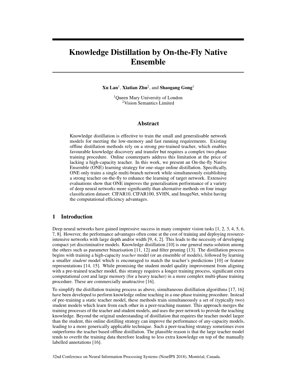 Knowledge Distillation by On-The-Fly Native Ensemble