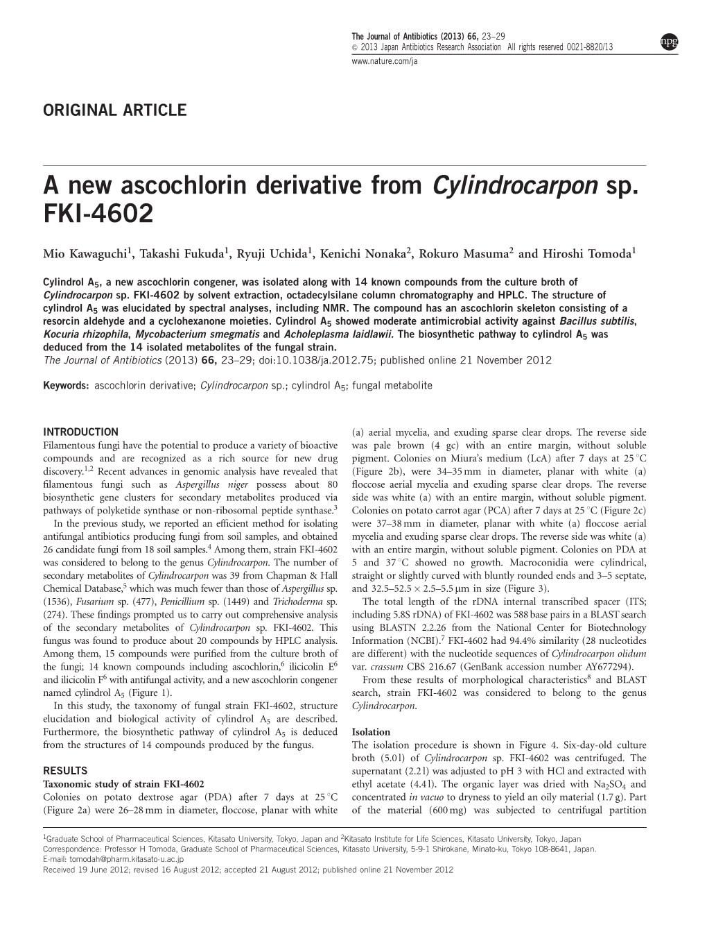 A New Ascochlorin Derivative from Cylindrocarpon Sp. FKI-4602