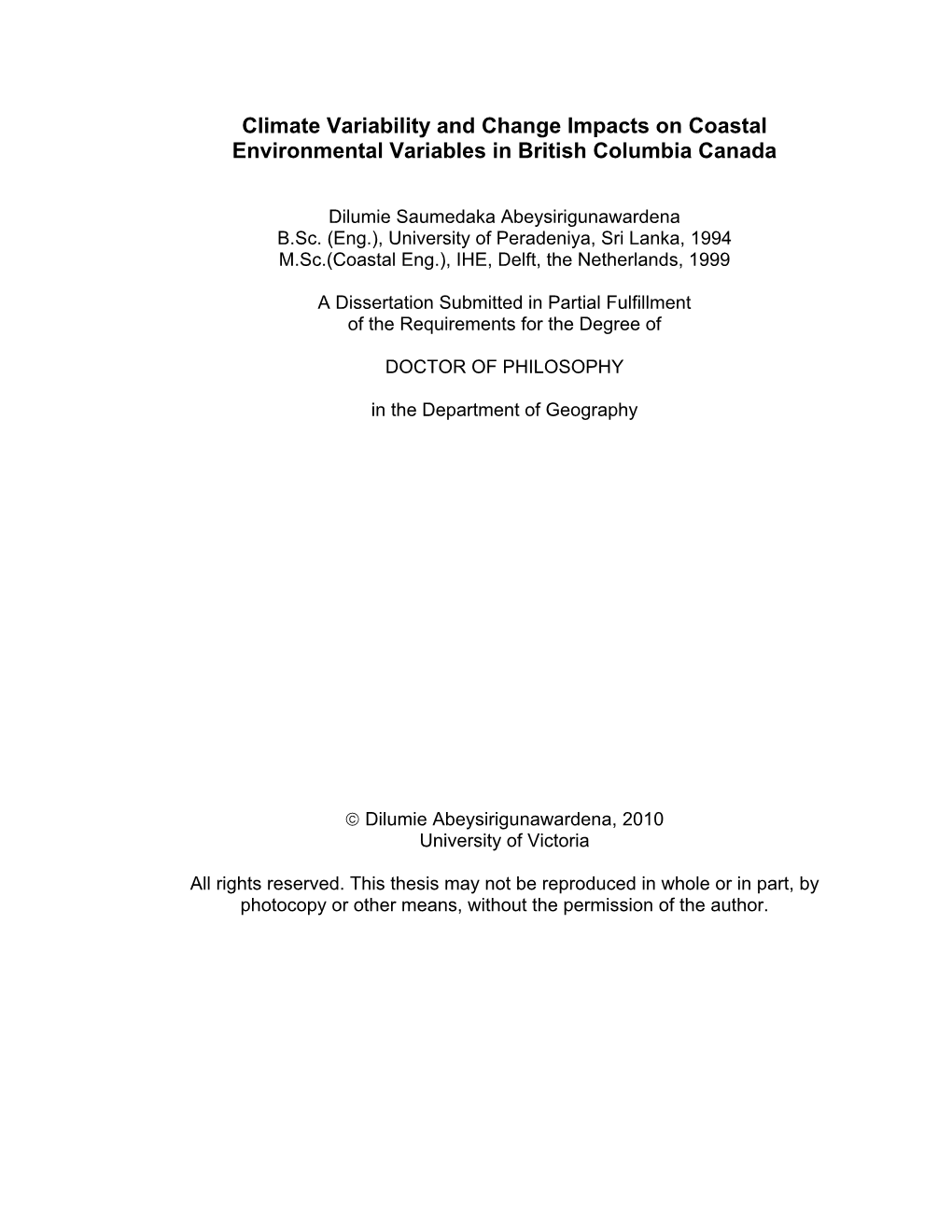 Climate Variability and Change Impacts on Coastal Environmental Variables in British Columbia Canada