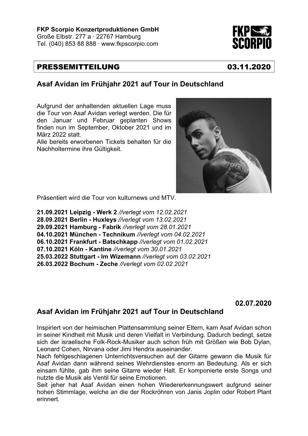 PRESSEMITTEILUNG 03.11.2020 Asaf Avidan Im Frühjahr 2021 Auf